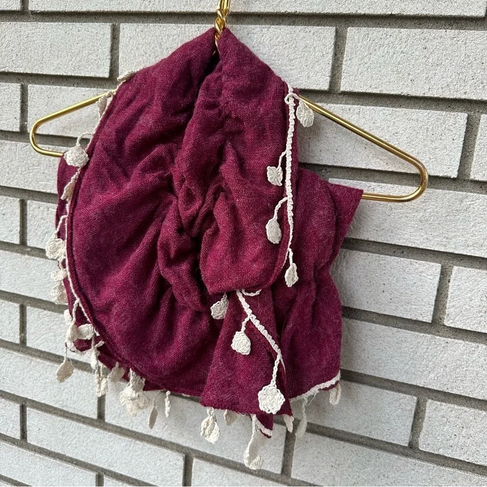 Raspberry Red Wool Feel Scarf Ivory Crochet Fringe Boho Cottagecore Wrap